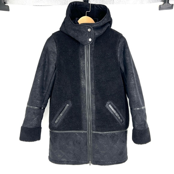 Abercrombie & Fitch Jackets & Blazers - Abercrombie Fitch Black Faux Leather Sherpa Lined Hooded Coat‎ Women's Size M